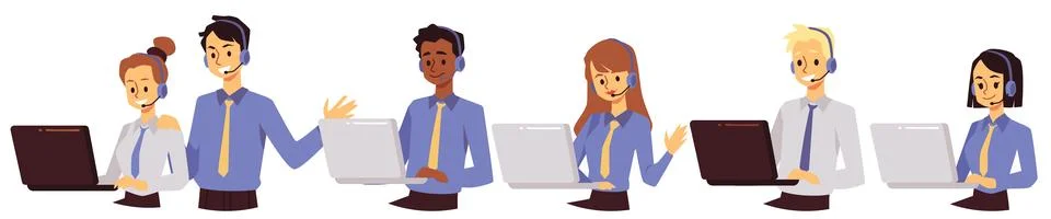 Happy office workers in customer support department, flat vector illustration 스톡 일러스트