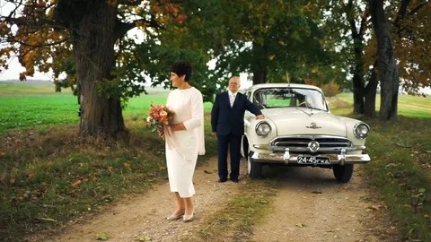 Happy old age. An elderly beautiful couple walking in the Park. Stock Footage 106402498