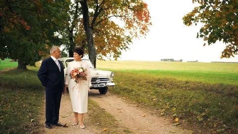 Happy old age. An elderly beautiful couple walking in the Park.  Stock Footage 106402876