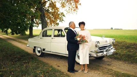Happy old age. An elderly beautiful couple walking in the Park. Stock Footage 106404613
