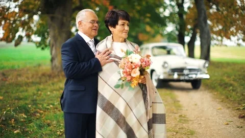 Happy old age. An elderly beautiful couple walking in the Park. Stock Footage 106404776