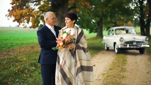Happy old age. An elderly beautiful couple walking in the Park. Stock Footage 106405639