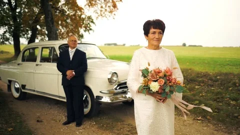 Happy old age. An elderly beautiful couple walking in the Park. Stock Footage 106406543