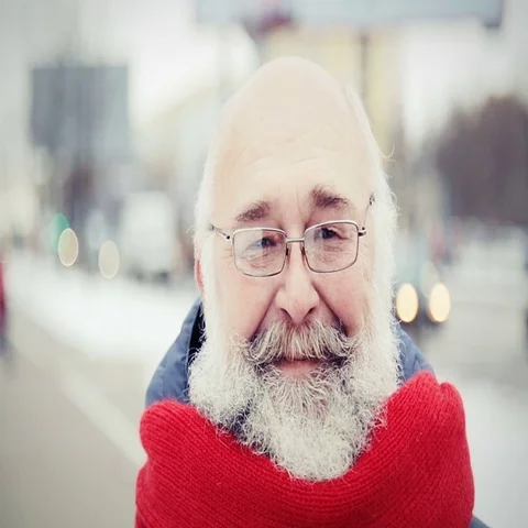 Happy Old Man with Beard in Winter Outdoors Stock Footage 69548504