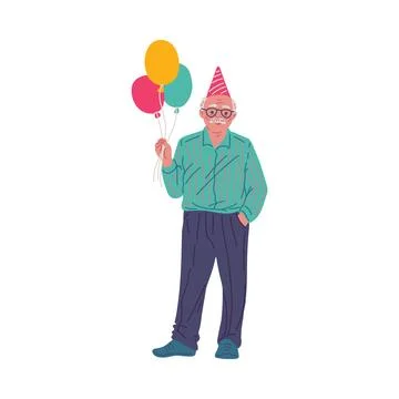 Happy old man in festive hat with balloons, vector cartoon grandfather cele.. Stock Illustration