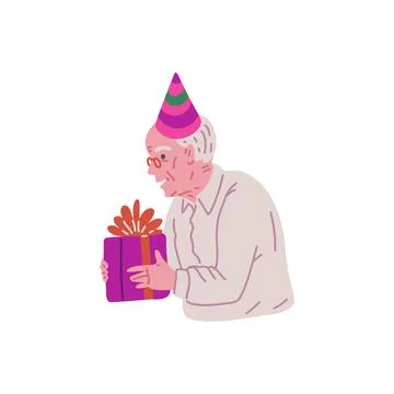 Happy old man in festive hat holds gift box, vector cartoon grandfather cel.. Stock Illustration