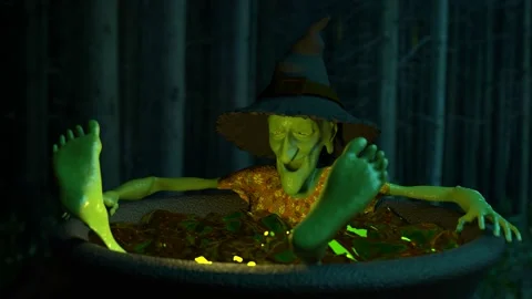 Happy old witch takes a bath in her own potion cauldron 3D 4K animation Stock Footage 207744153