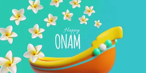 Happy Onam 3D banner vector design, South India Kerala festival, snake boat with Stock Illustration