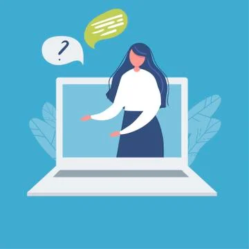 Happy operator on laptop screen flat vector illustration on blue background Stock Illustration