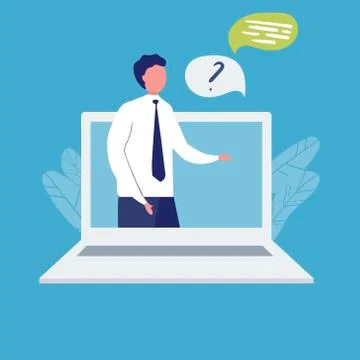 Happy operator on laptop screen flat vector illustration on blue background. man Stock Illustration