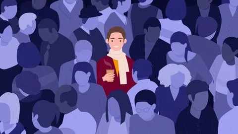 Happy optimistic man standing in crowd, optimism, psychology and mental health Stock Illustration