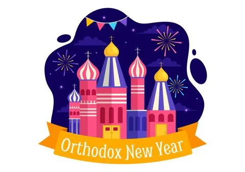 Happy Orthodox New Year Vector Illustration on 14 January with Church and F.. Stock Illustration