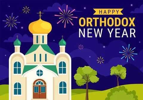 Happy Orthodox New Year Vector Illustration on 14 January with Church and F.. Stock Illustration