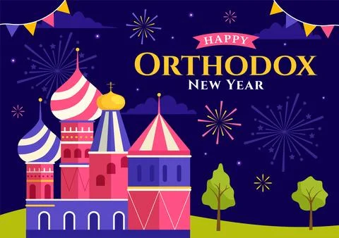 Happy Orthodox New Year Vector Illustration on 14 January with Church and F.. Stock Illustration