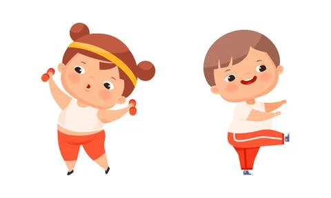 Happy overweight kids doing different activities set. Cute boy and girl doing Stock Illustration