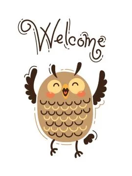 A happy owl greets Welcome. Vector illustration in cartoon style Stock Illustration