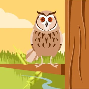 Happy Owl on the Tree flat background Stock Illustration