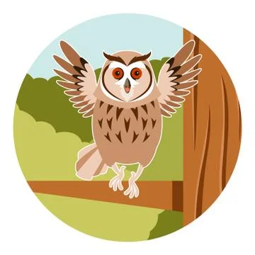 Happy Owl on the Tree flat background Stock Illustration