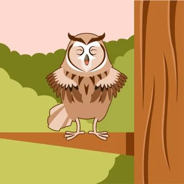 Happy Owl on the Tree flat background Stock Illustration