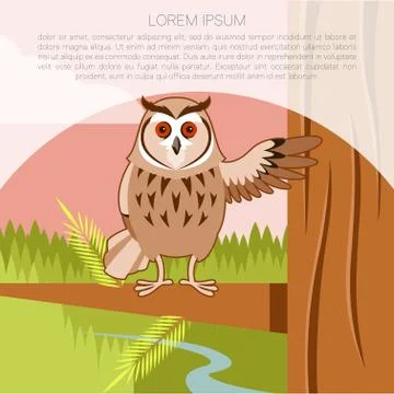 Happy Owl on the Tree flat background Stock Illustration