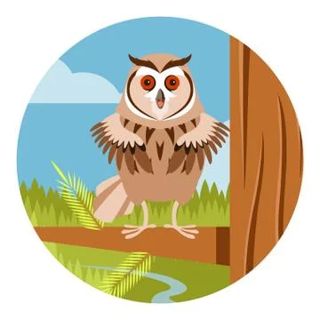 Happy Owl on the Tree flat background Stock Illustration