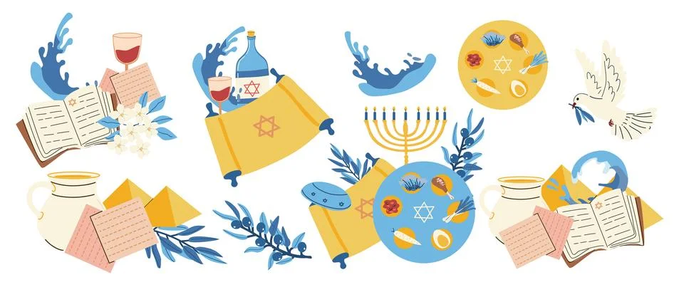 Happy passover elements set. Vector illustration in cartoon flat style. Stockillustratie