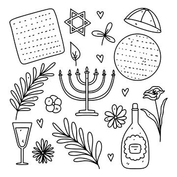 Happy Passover elements with Wine and Matzah in hand drawn doodle style. Jewi Stock Illustration