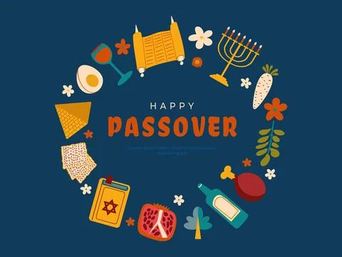 Happy Passover ,Pesach vector illustration with wine, matzah and traditiona.. Stock Illustration