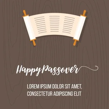 Happy passover poster with torah scroll on wooden background, flat design Stock Illustration