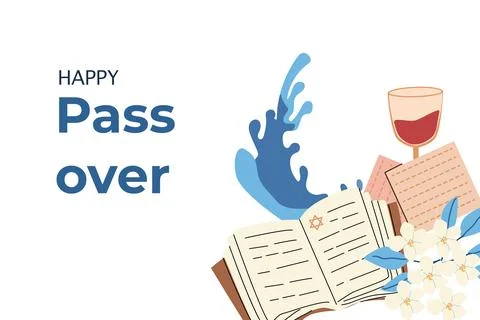 Happy Passover spring banner on white background. Vector illustration in cartoon Stock Illustration