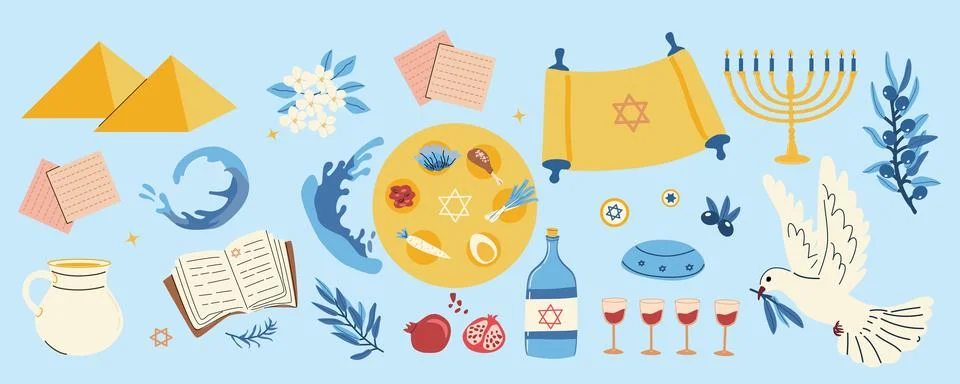 Happy Passover vector icons set. Set of seder plate, matzah, pigeon, torus and Illustrazione stock