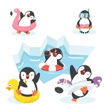 Happy penguin characters in inflatable ring Stock Illustration
