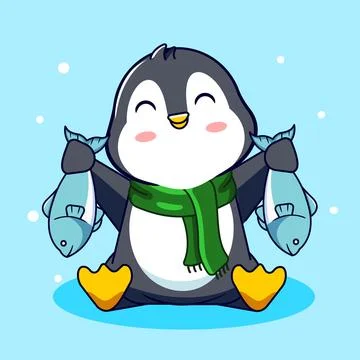 Happy Penguin with Two Fish Vector Illustration Cartoon Design Stock Illustration