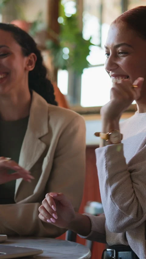 Happy, people and high five in restaurant with remote work, laptop and brand Stock Footage 342245932