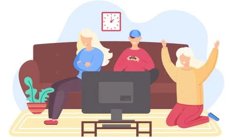 Happy people are playing video games. Family pastime at home. The girl turns Stock Illustration