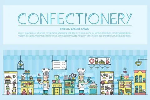 Happy people baking and decorating cakes in confectionery shop outline concept Stock Illustration