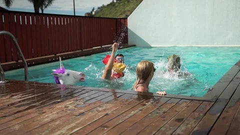 Happy people dancing at pool private party Stock Footage 137440546