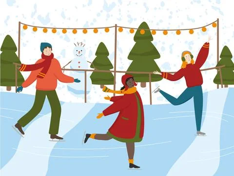 Happy people figure skating on ice rink vector illustration Stock Illustration