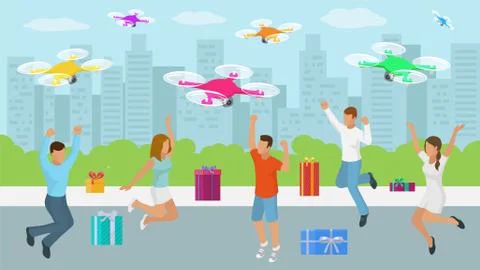 Happy people group jumping received gift boxes from drones vector illustration Stock Illustration
