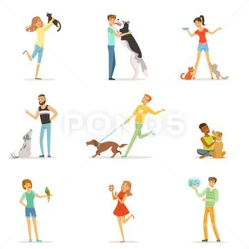Happy people having fun with pets, man and women training and playing with their Stock Illustration