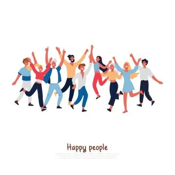 Happy people with joyful gesturing, smiling adults, excited young boys, girls Stock Illustration