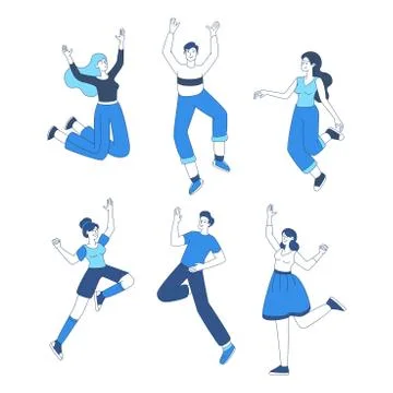Happy people jumping vector illustrations set. Joyful friends in casual clothes Illustrazione stock