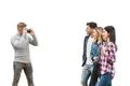 The happy people make a photo on the white background Photo