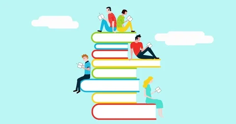 Happy people reading on books' stack Stock Footage 128414197