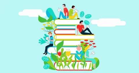 Happy people reading on books' stack in garden and flower Stock Footage 128414284