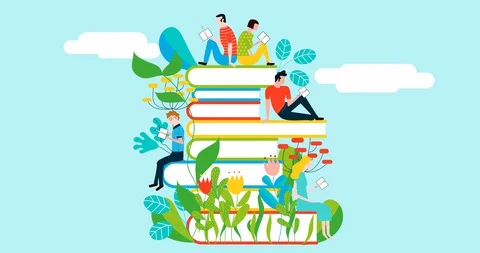 Happy people reading on books' stack in garden and flower - colorful animation Stock Footage 128422744