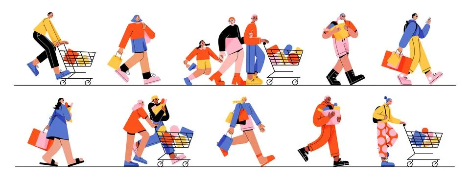Happy people run to store sale, black friday Stock Illustration