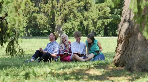 Happy People Sitting Under the Tree Studying Reading and Laughing Students 動画素材 64813080