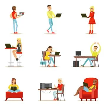 Happy People Spending Their Time Using Computer Set Of Vector Illustrations With Stock Illustration