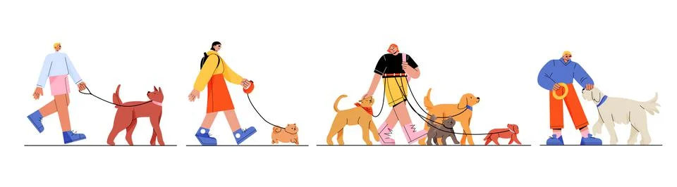 Happy people walking dogs on leash flat set Stock Illustration